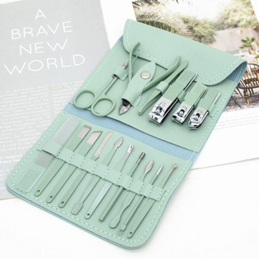 Mint green manicure set with tools on a matching case, text 'A Brave New World' above.