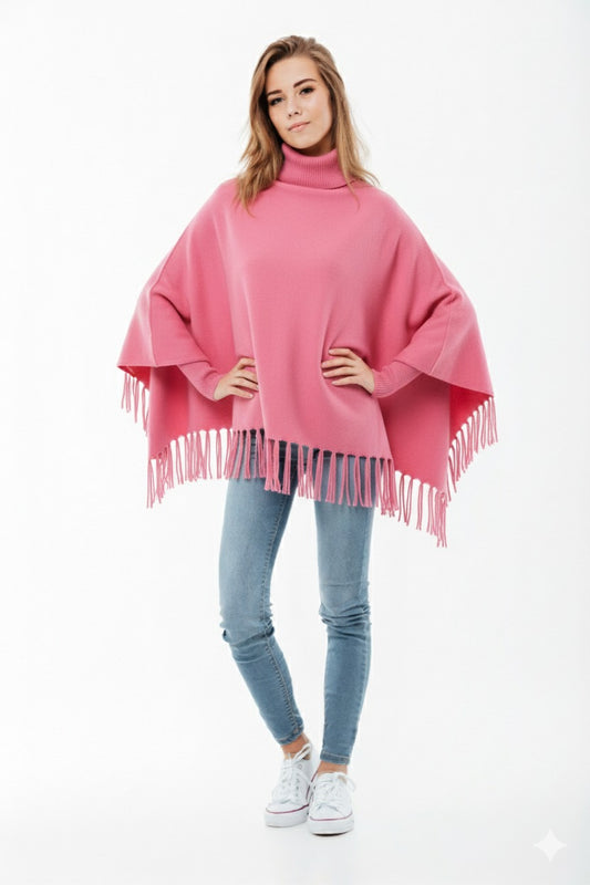 Girls’ Fleece Poncho with High Neck & Tassels