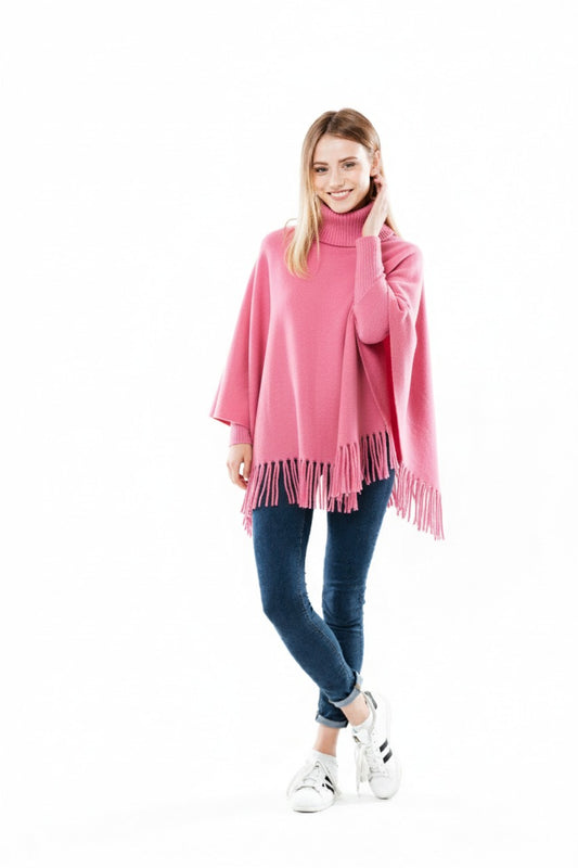 Girls’ Fleece Poncho with High Neck & Tassels